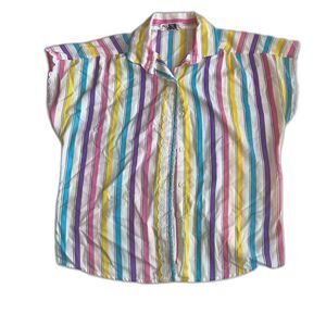 Vintage Rainbow Striped button down blouse USA funky quirky 70s 80s Maximalist M